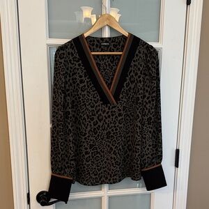 Express Animal Print V-Neck Blouse - Black and Brown